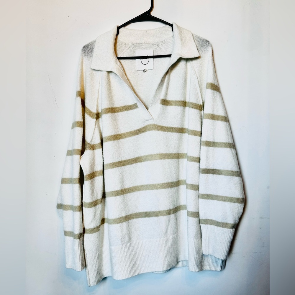 Aerie Beige and White Striped V-Neck Sweater
